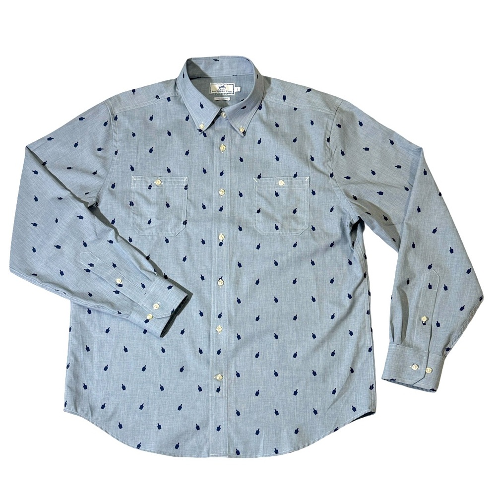 Southern Tide mens L Large blue performance polyester button up oxford shirt EUC